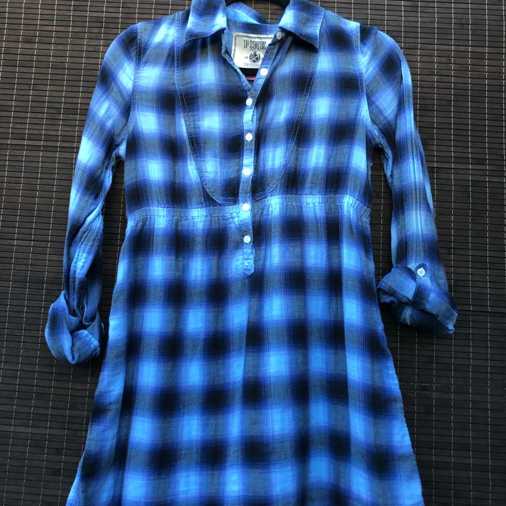 Pink Victoria secret blue dress button front plaid Sz small